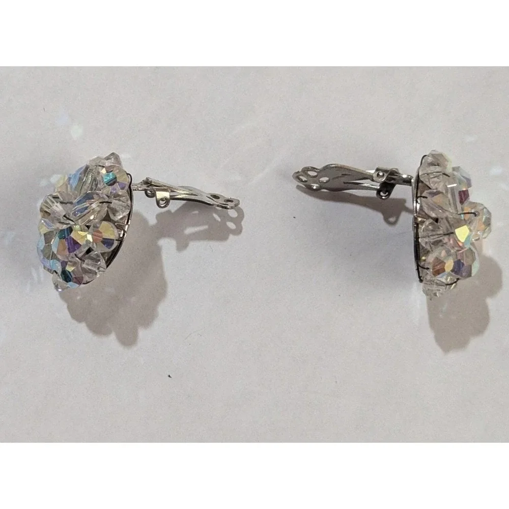 Vintage Aurora Borealis Crystal Cluster Clip On Earrings Silver Tone Floral‎ 60s
